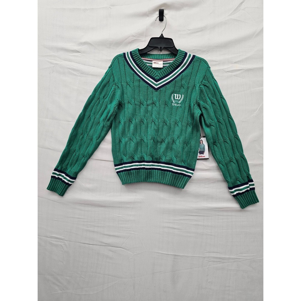 Wilson Girls V-Neck Cable Knit Pullover Green Cotton Blend Athletic Size XL